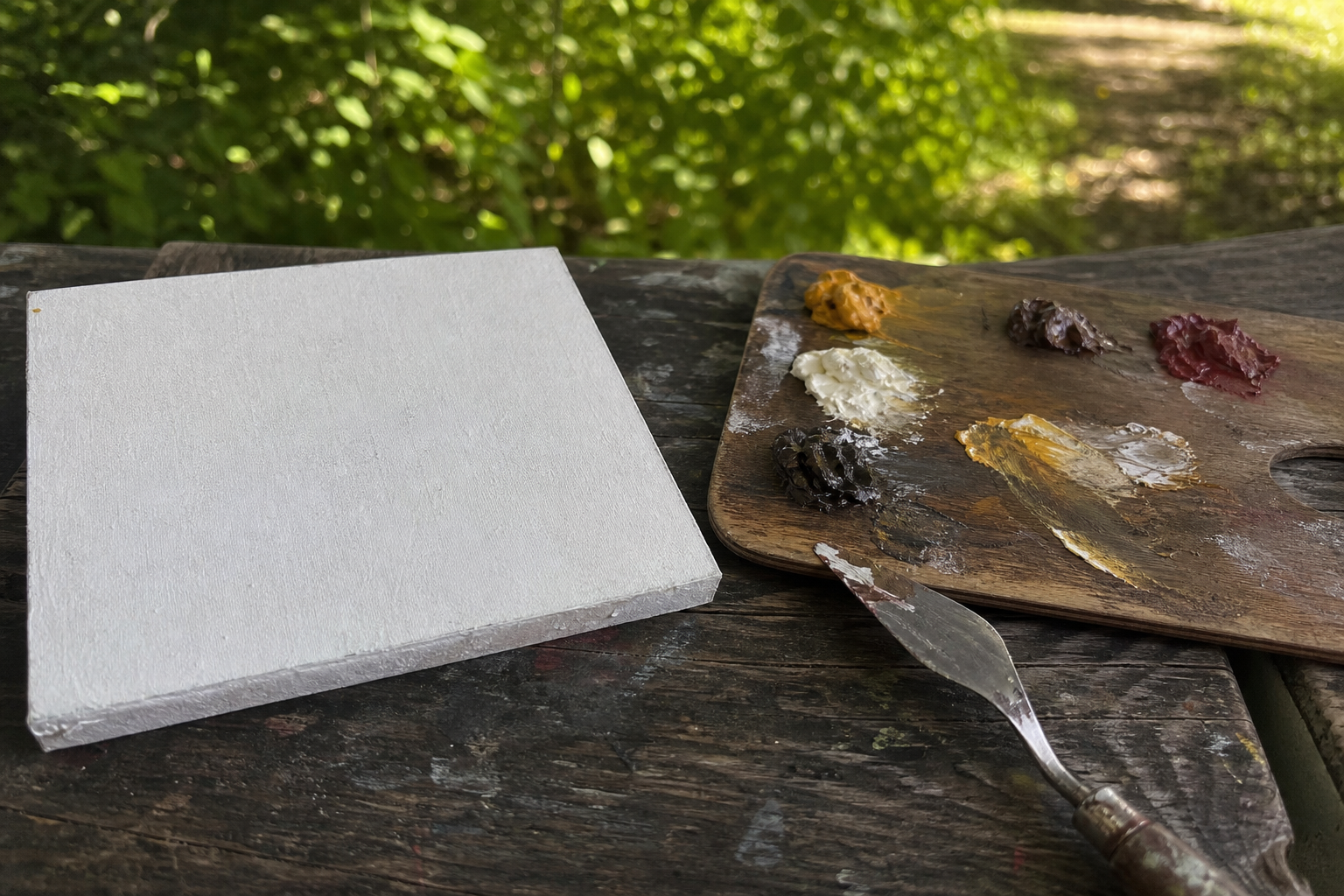 Small primed painting panel and limited oil paint palette on outdoor wooden surface