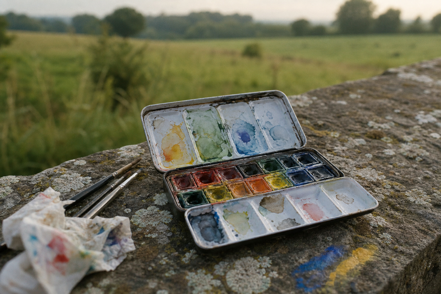 Open compact watercolour travel palette with half pans resting on a stone wall outdoors