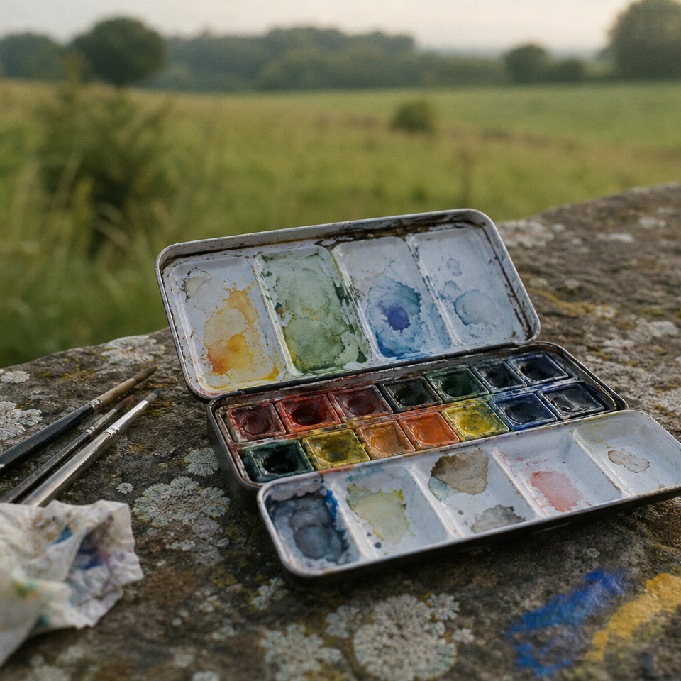 Open compact watercolour travel palette with half pans resting on a stone wall outdoors