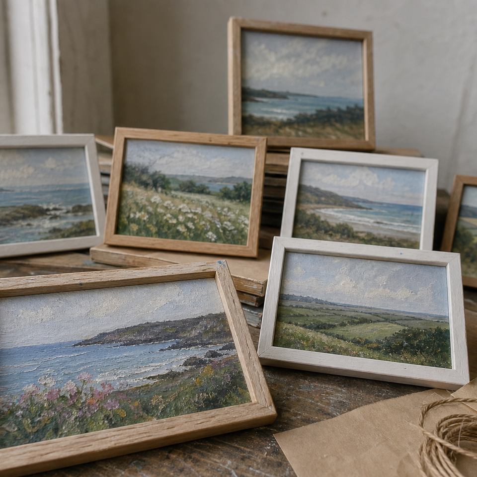 A collection of small framed landscape paintings arranged on a wooden surface