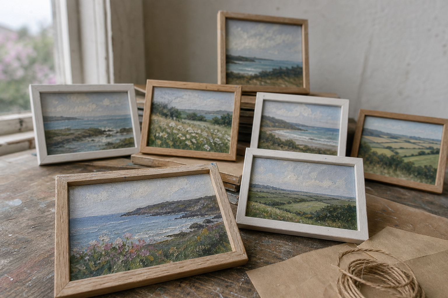 A collection of small framed landscape paintings arranged on a wooden surface