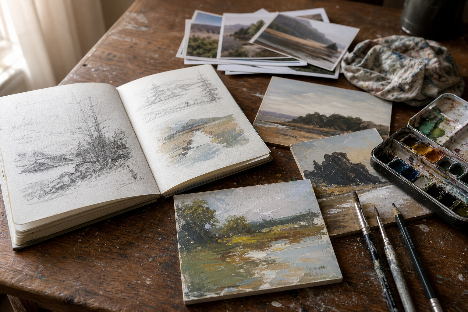 Open sketchbook, colour studies on small panels, and reference photographs laid out on a wooden table