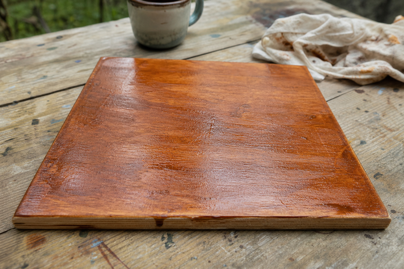 Small wooden painting panel covered in a thin warm brown oil wash, drying