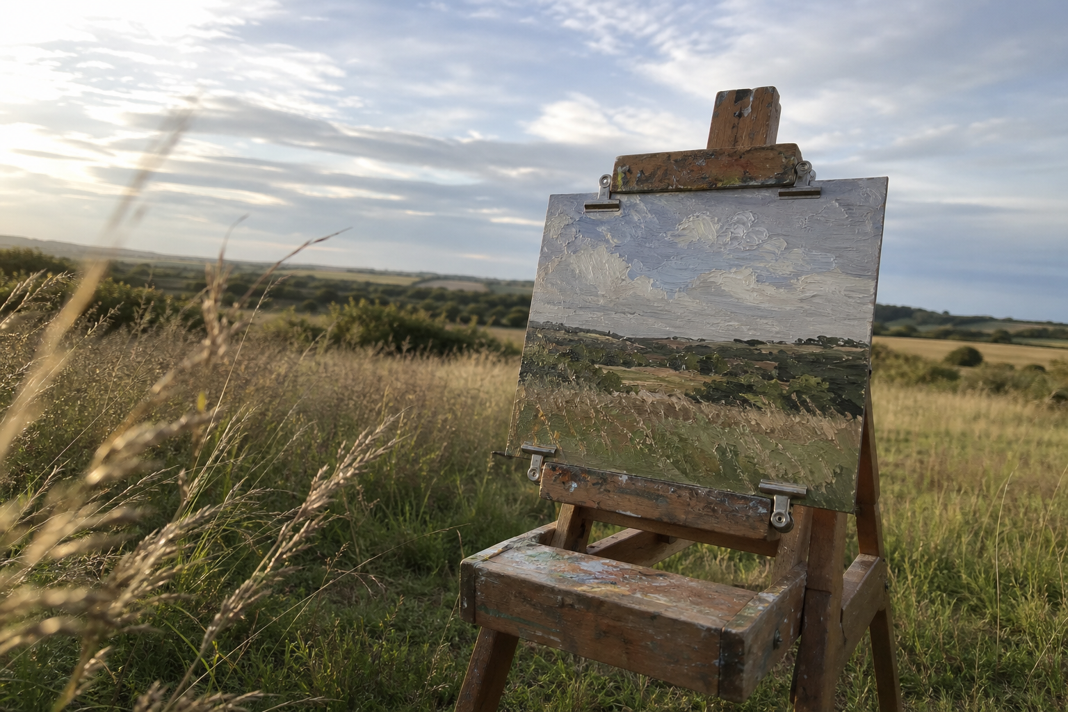 Small oil painting panel on an easel in an open landscape, afternoon light