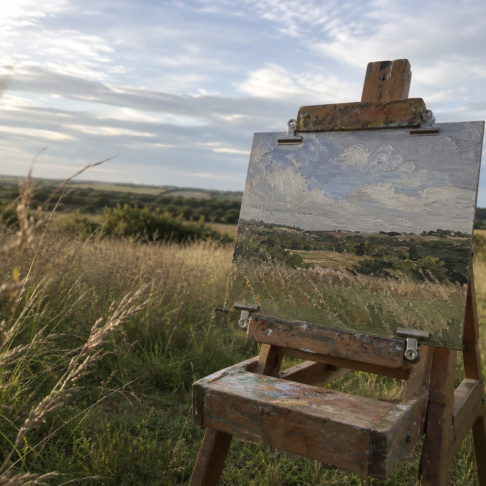 Small oil painting panel on an easel in an open landscape, afternoon light