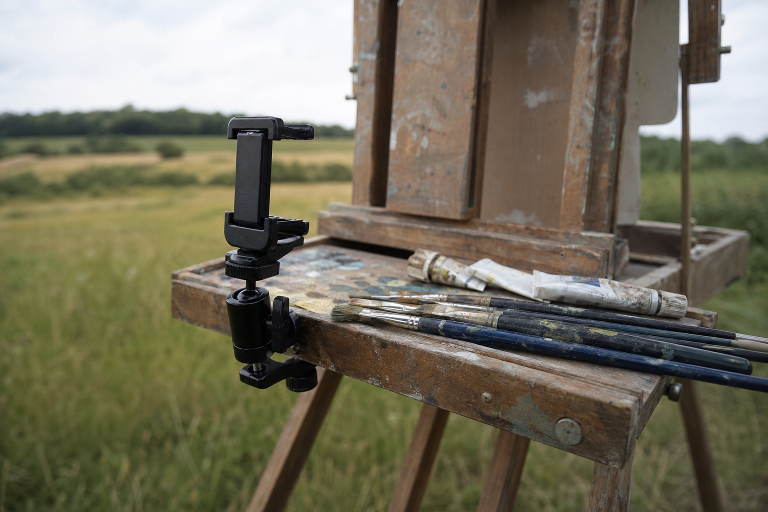 Small phone tripod clipped to a wooden field easel beside oil paints and brushes.