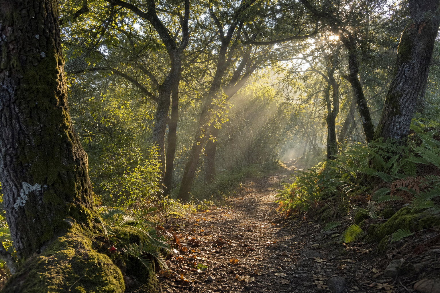 A sunlit woodland path winding between oak trees in soft morning light.