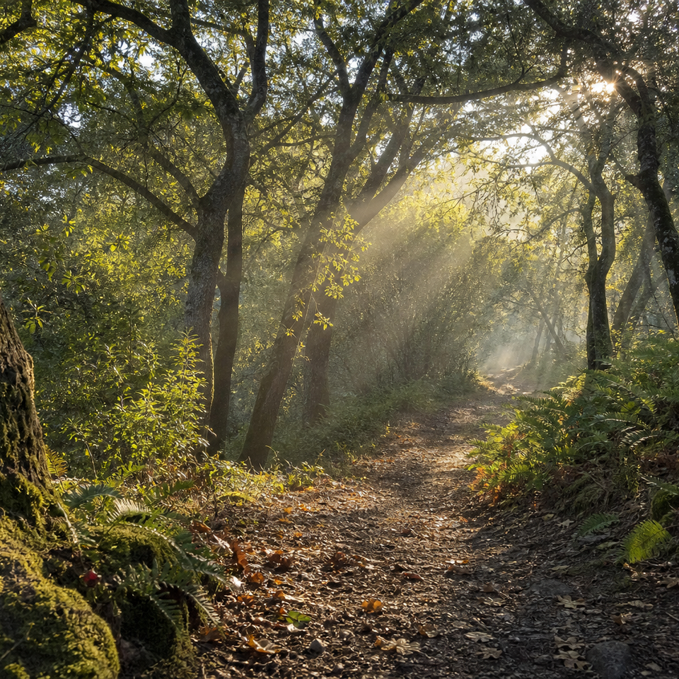 A sunlit woodland path winding between oak trees in soft morning light.