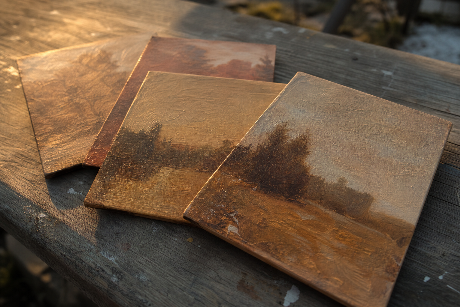 Small toned oil painting panels in warm mid-tone laid flat on a wooden surface