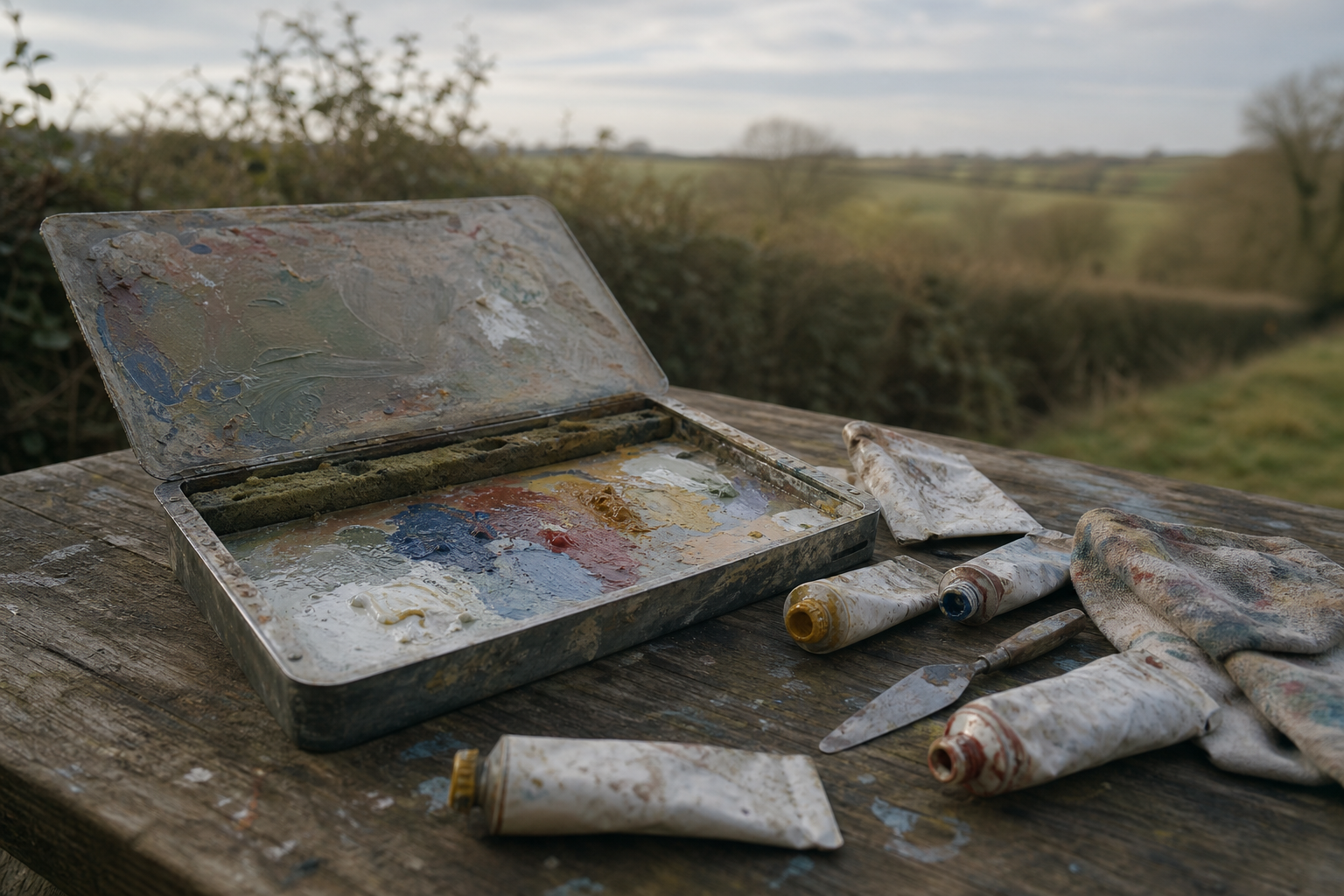 Stay-wet palette and paint tubes on a wooden surface outdoors in soft light
