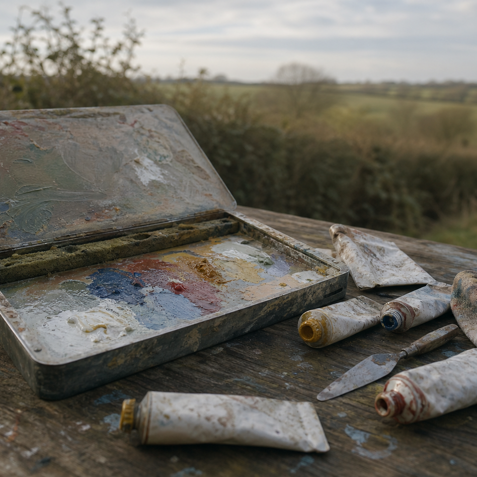 Stay-wet palette and paint tubes on a wooden surface outdoors in soft light