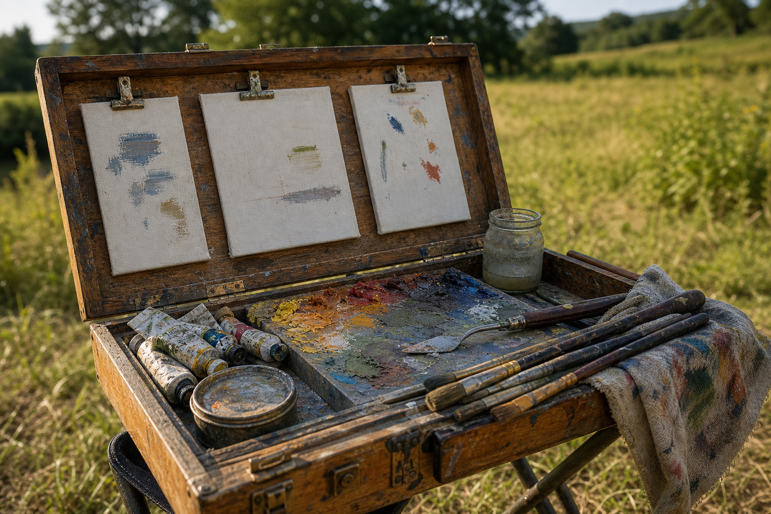 Open pochade box holding small canvas panels, surrounded by paint tubes and brushes outdoors