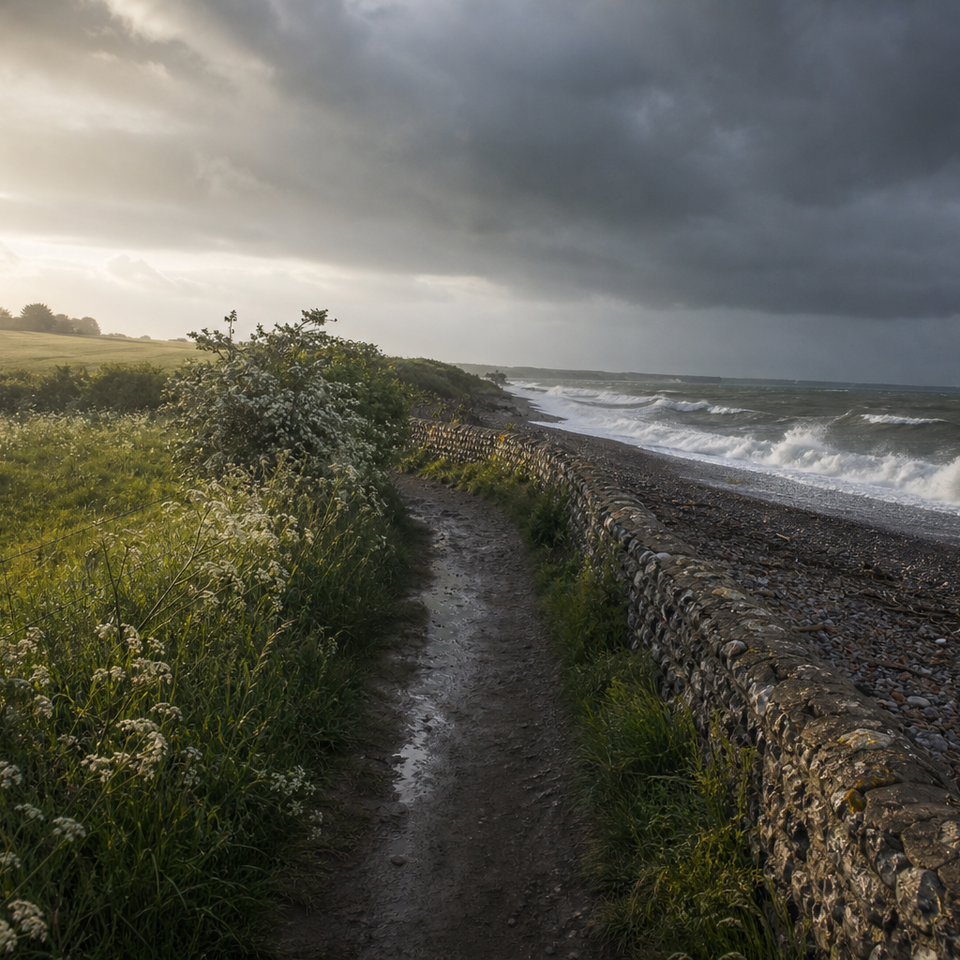 Split scene showing calm Suffolk meadow beside stormy turbulent seascape under dramatic skies