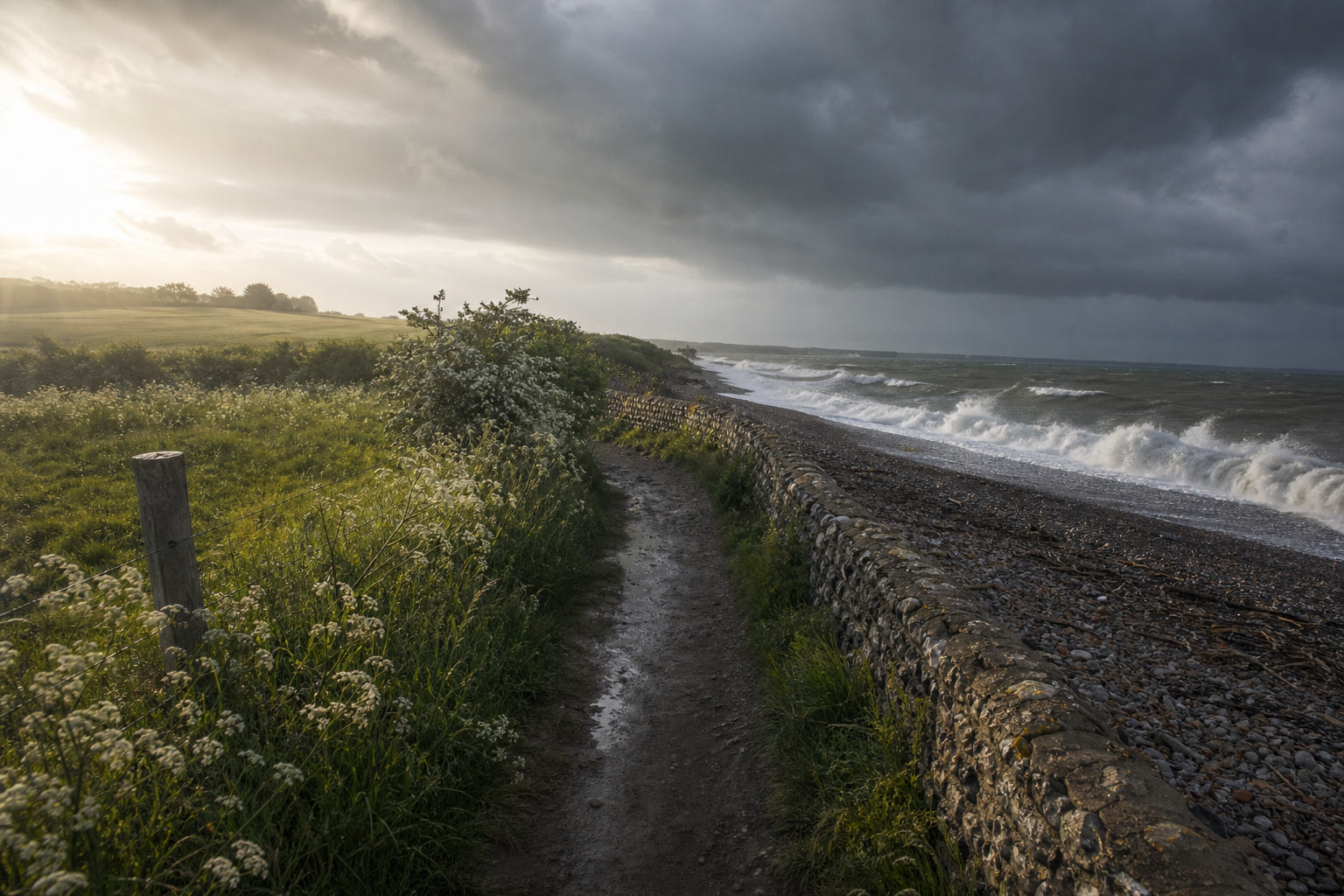 Split scene showing calm Suffolk meadow beside stormy turbulent seascape under dramatic skies