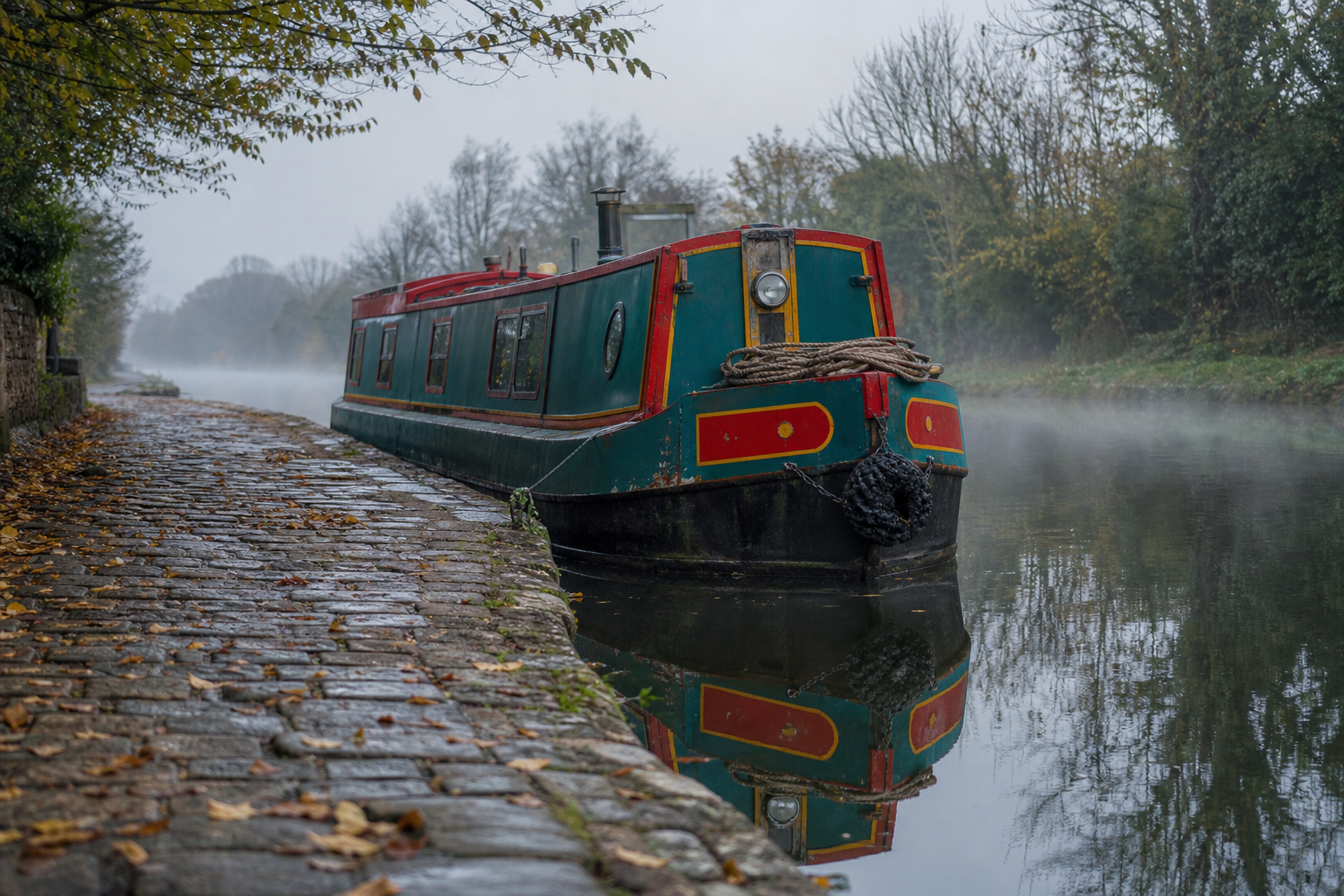 Still canal water reflecting a colourful narrowboat beside a towpath on a grey morning