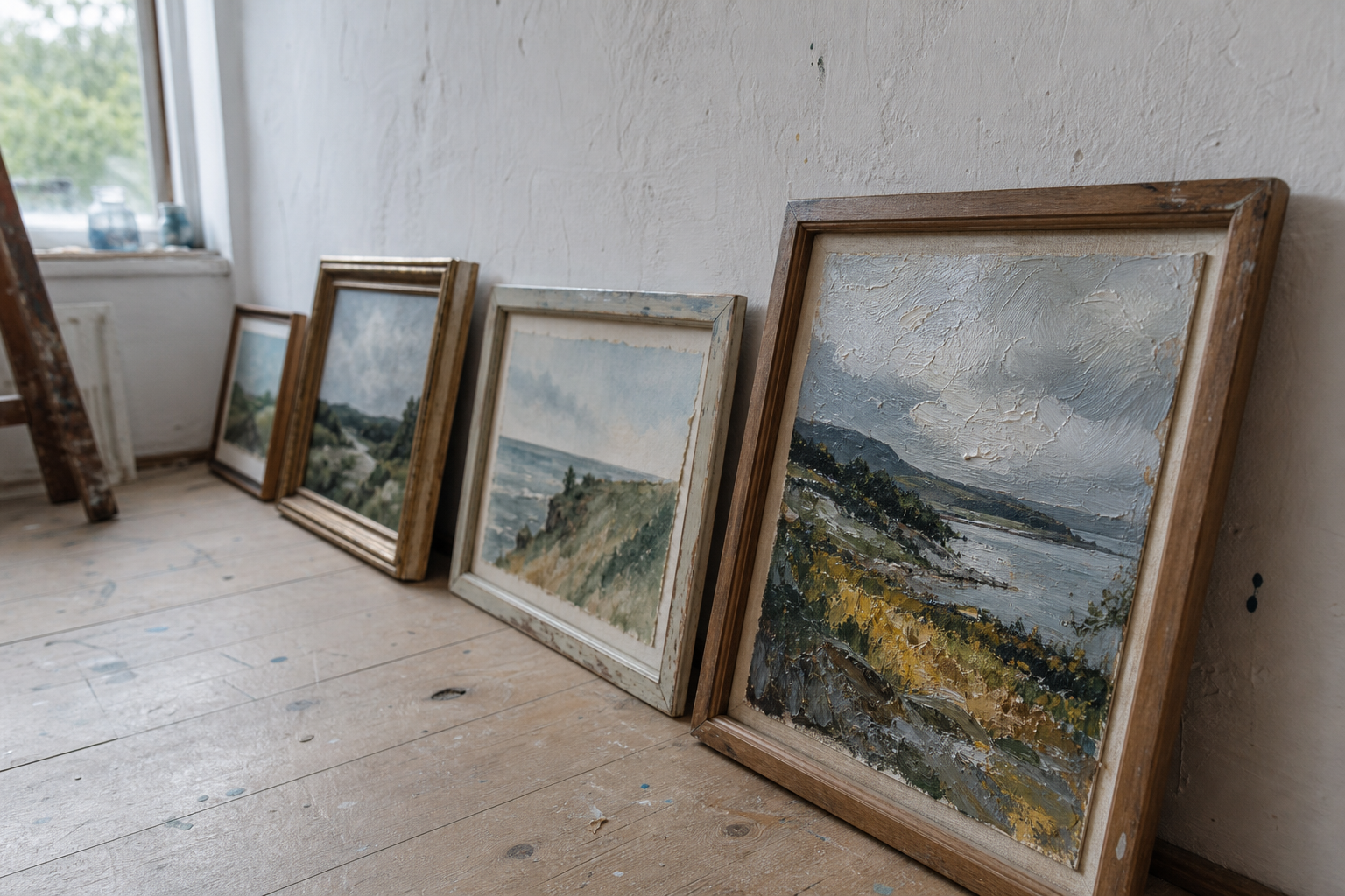 A neat row of small framed landscape paintings leaning against a white wall