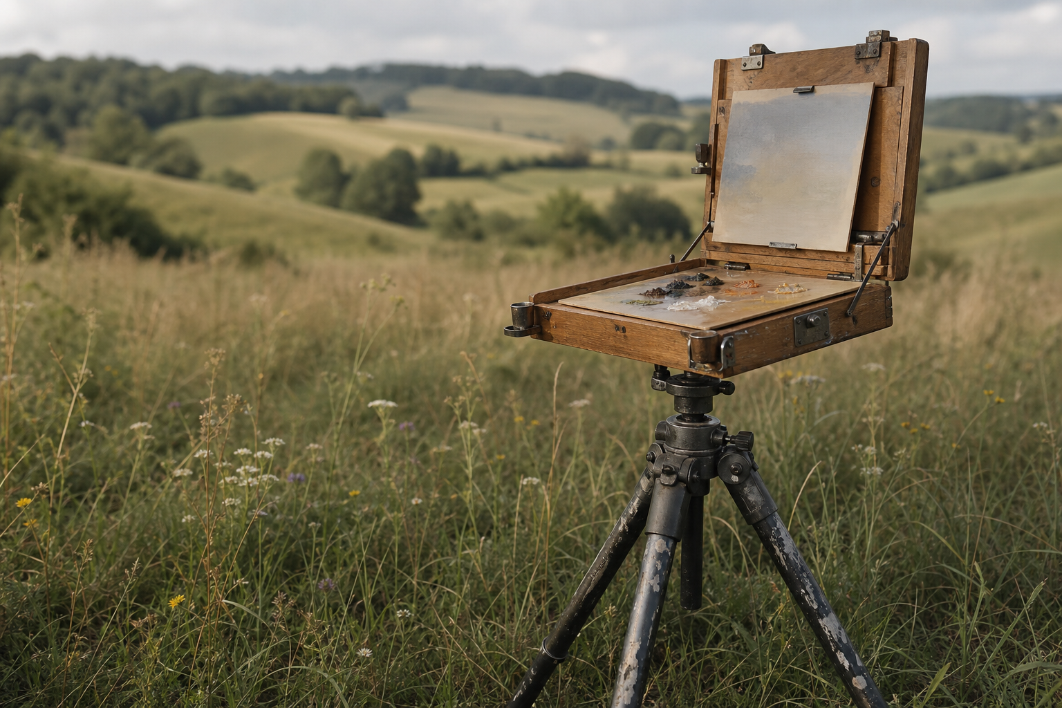 Compact tripod with mounted pochade box set up in an open grassy landscape