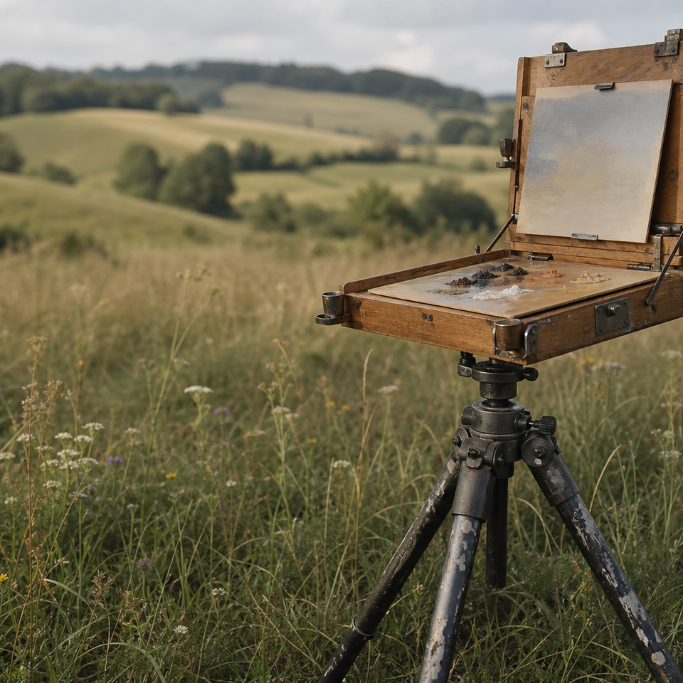 Compact tripod with mounted pochade box set up in an open grassy landscape