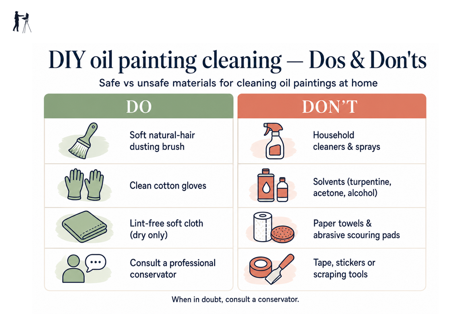 Infographic showing safe and unsafe materials for cleaning oil paintings at home