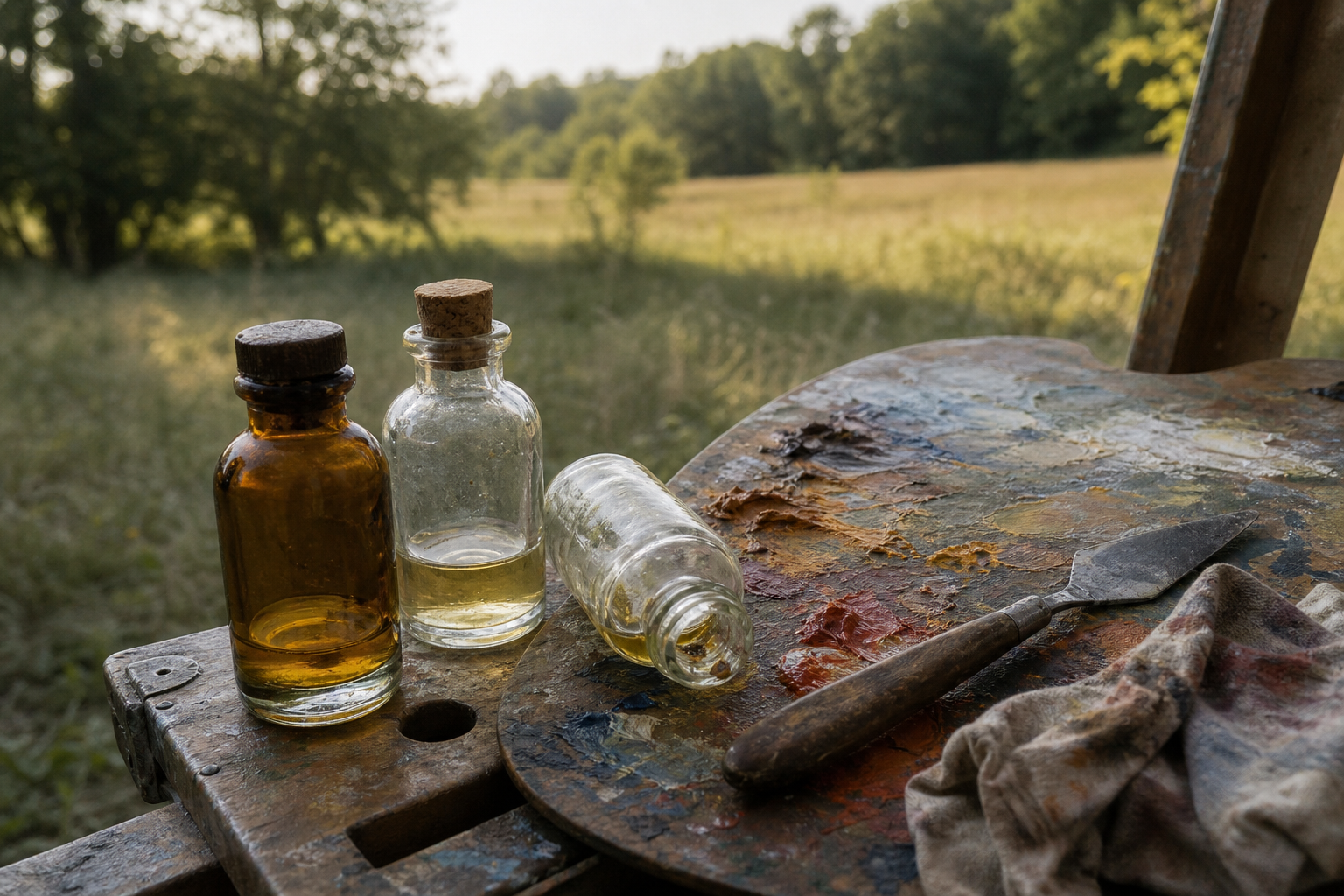 Small glass bottles of oil painting medium beside a wooden palette outdoors