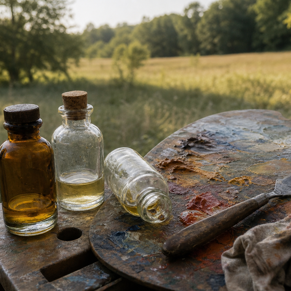 Small glass bottles of oil painting medium beside a wooden palette outdoors