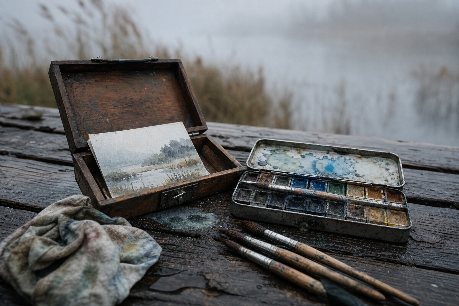 Small pochade box, travel watercolour set, and compact brushes on a damp wooden surface