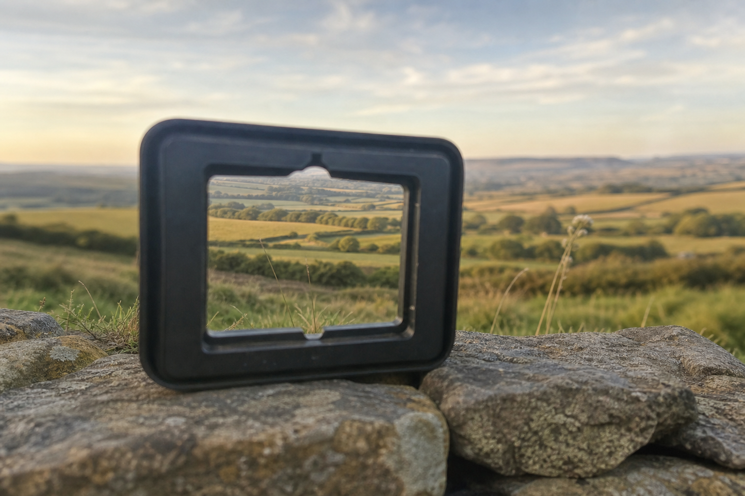 Small plastic viewfinder frame against an open countryside landscape with hedgerows