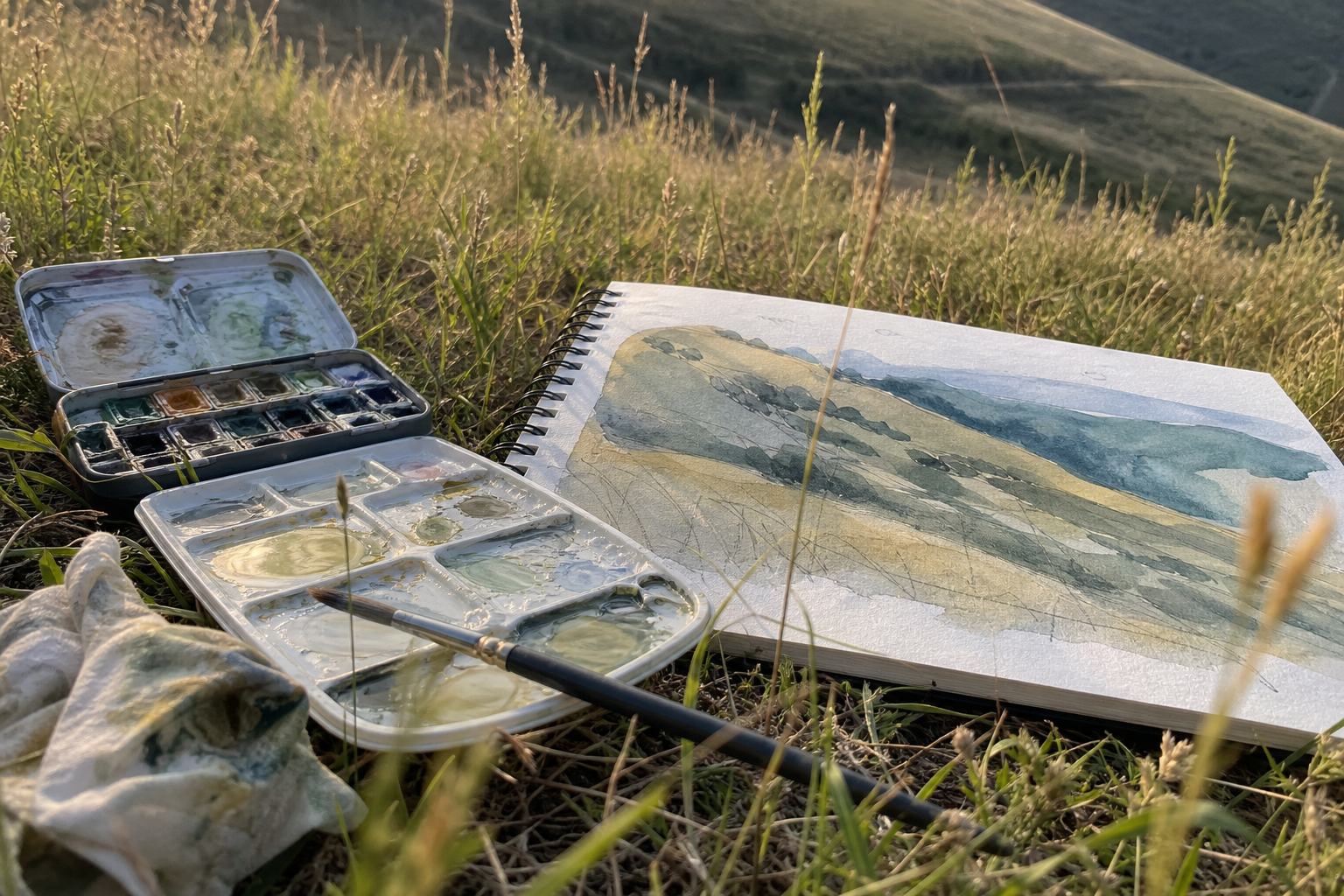 Small gouache paint set, folding palette, and sketchbook arranged on a grass hillside