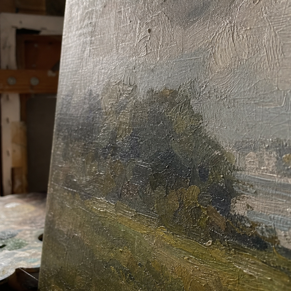 Close-up of oil painting surface in raking light revealing dust and texture