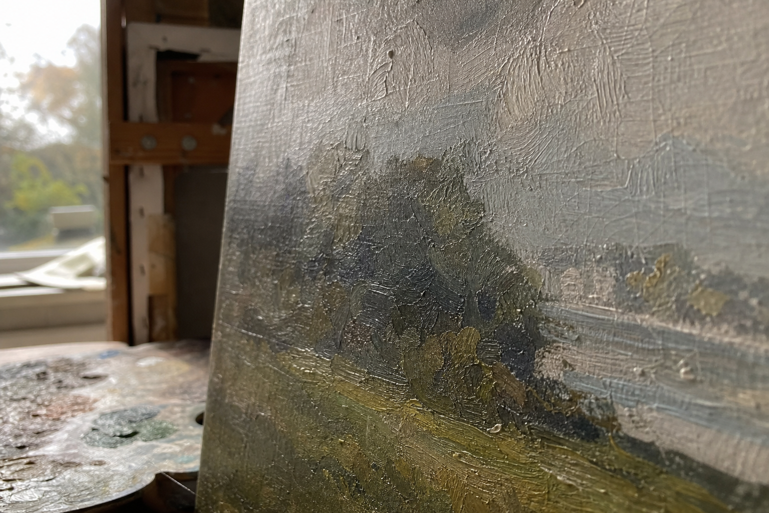 Close-up of oil painting surface in raking light revealing dust and texture