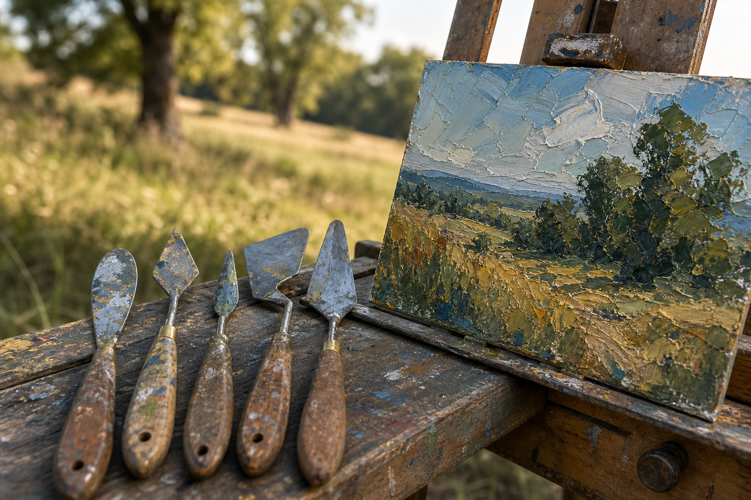 Several metal palette knives resting beside a small oil painting panel outdoors