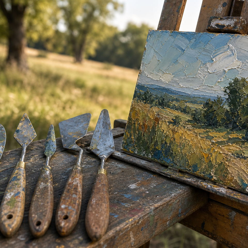 Several metal palette knives resting beside a small oil painting panel outdoors