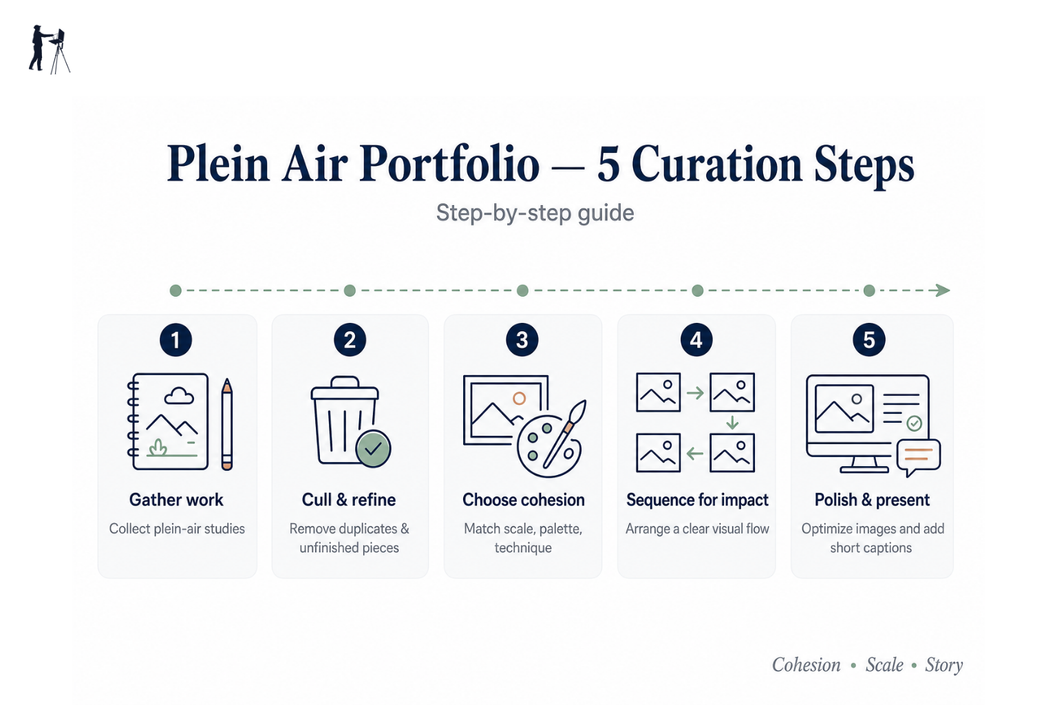 Step-by-step diagram showing the stages of curating a plein air painting portfolio