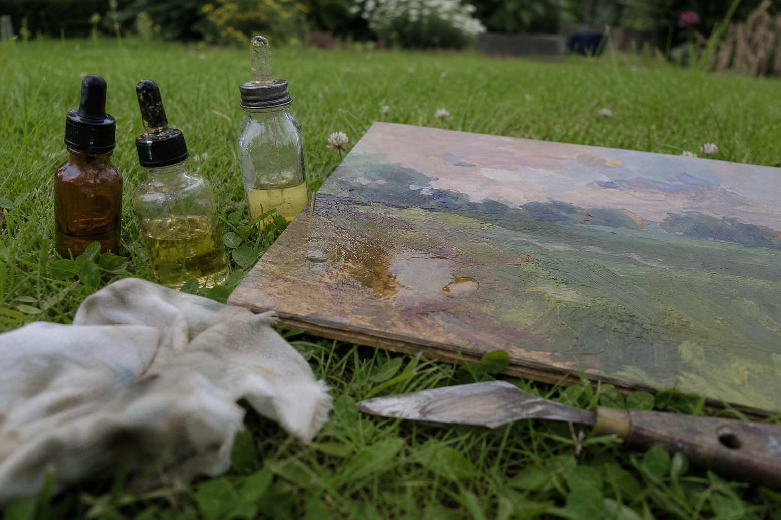 Small glass bottles of oil painting mediums arranged beside a panel on grass