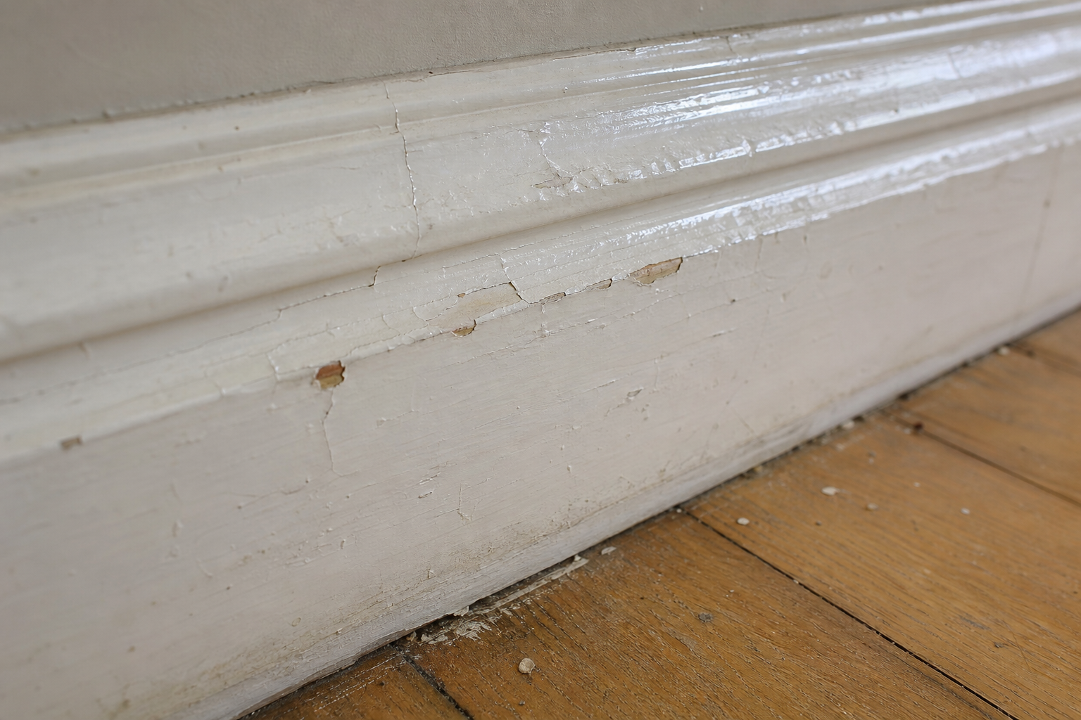 Close-up of glossy white painted wooden skirting board with aged paint surface