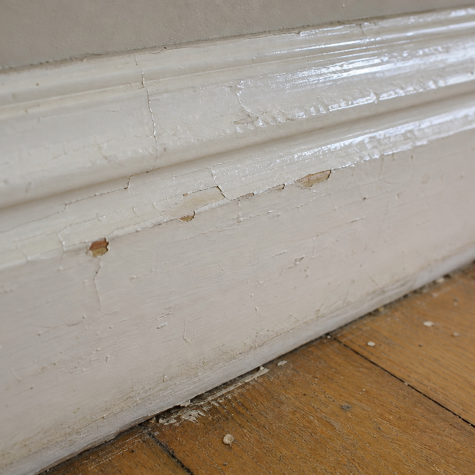 Close-up of glossy white painted wooden skirting board with aged paint surface