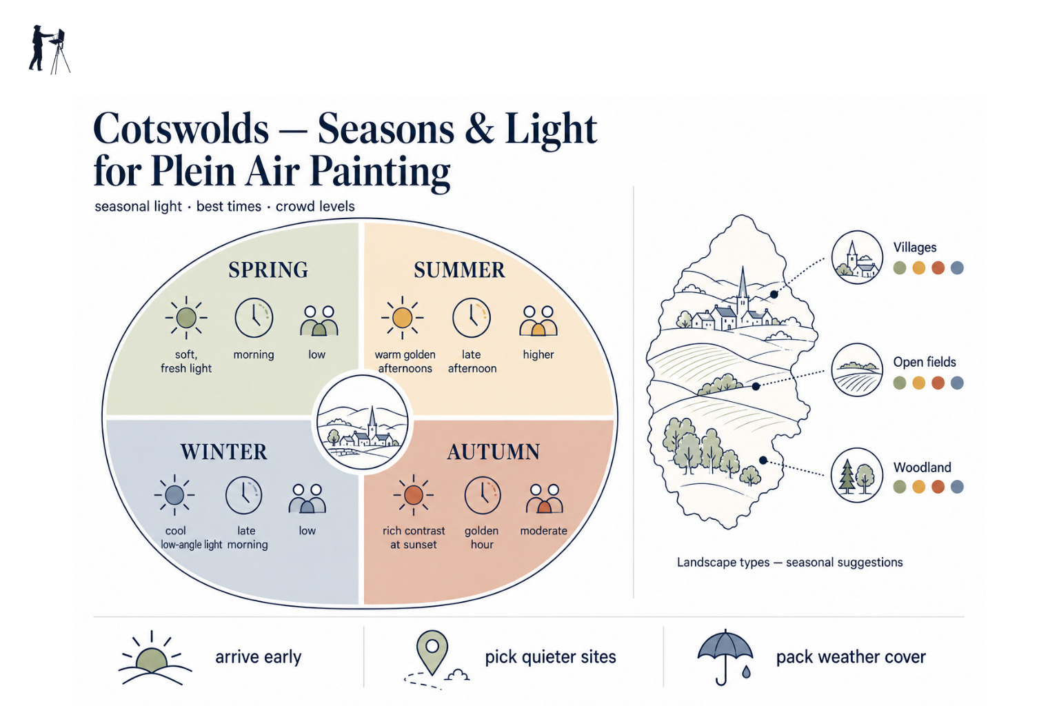 Infographic showing seasonal light conditions and crowd levels across the Cotswolds for plein air painters