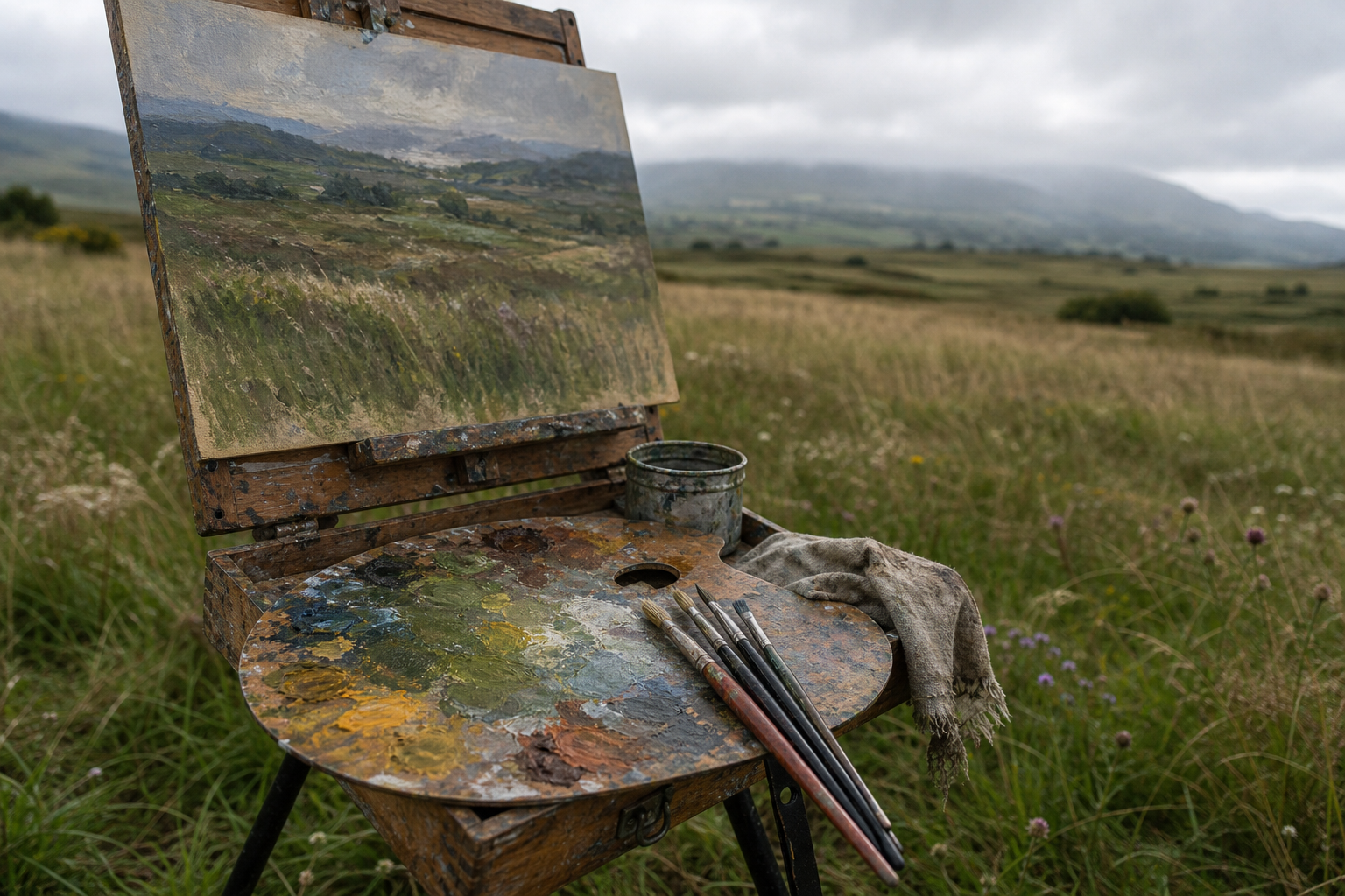 Wooden easel and open paint palette set up in a wide, overcast Scottish field