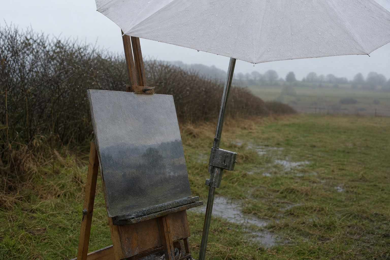 White clip-on umbrella mounted on a tripod easel outdoors in overcast light