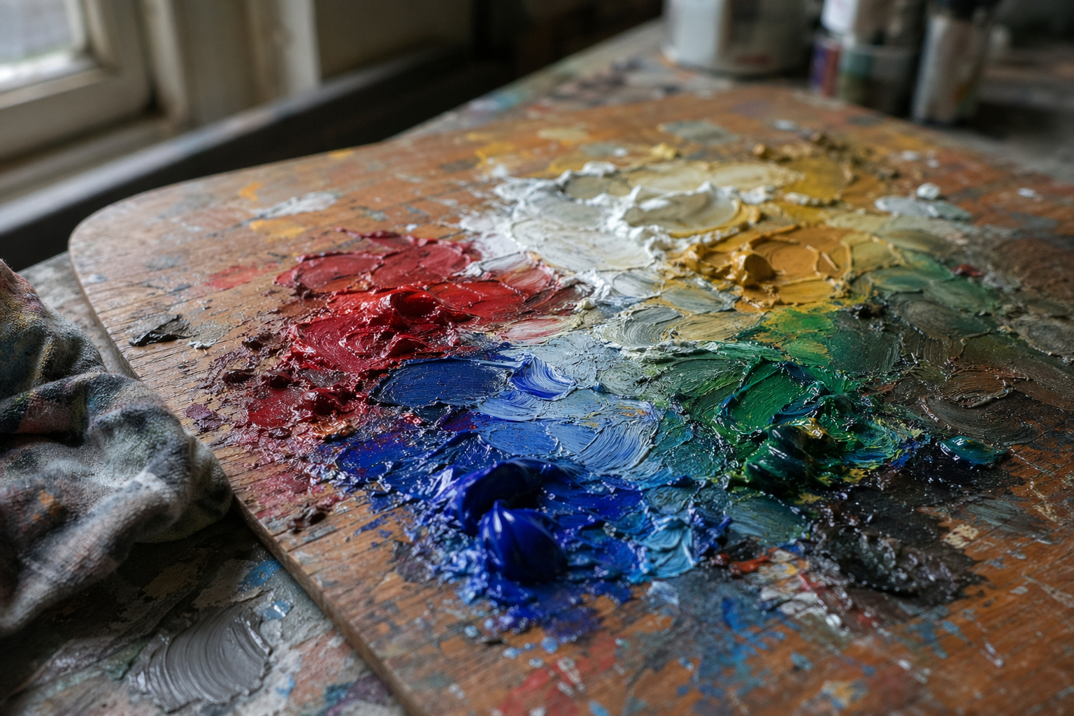 Rich oil paint colours mixed together on a small wooden palette