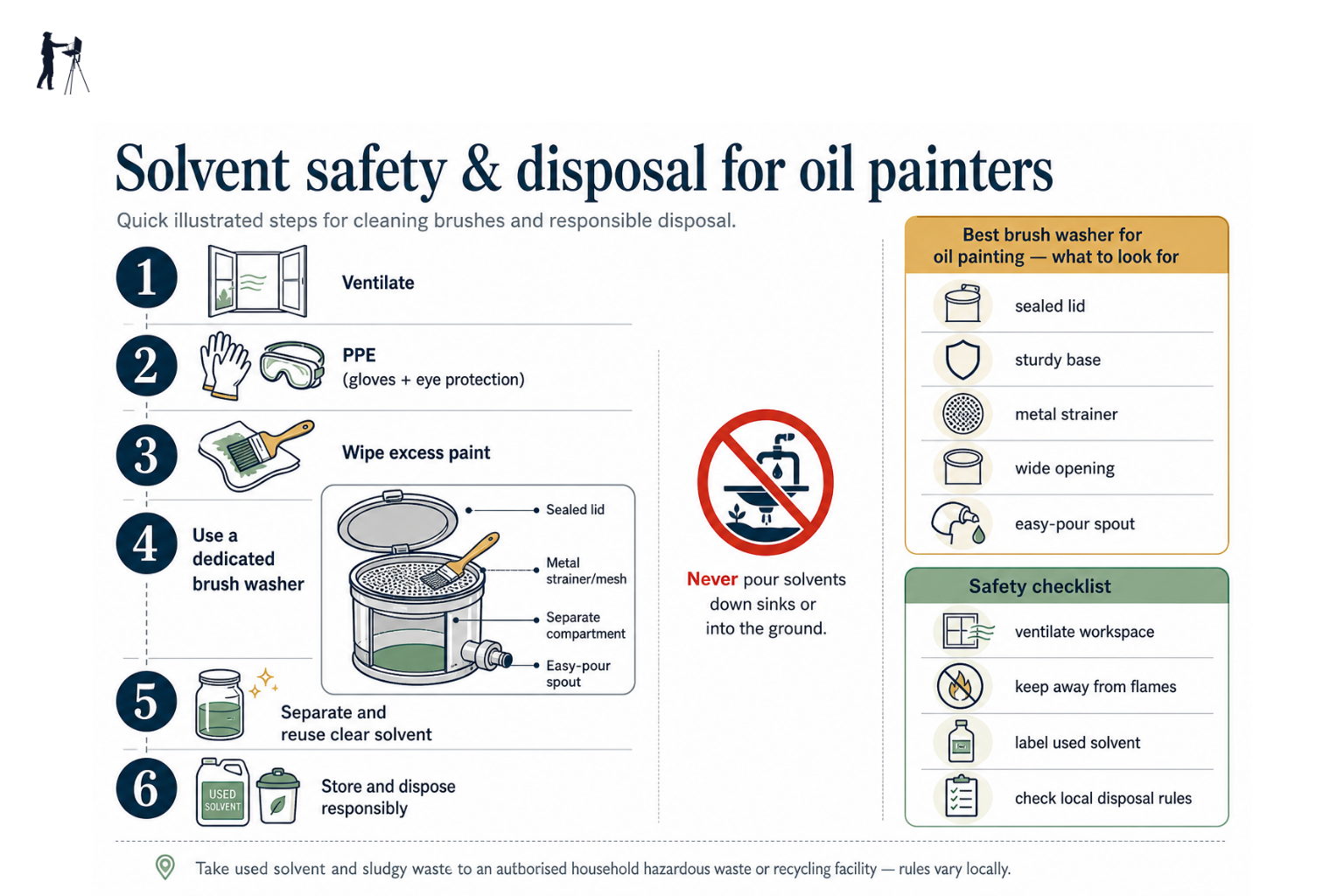 Illustrated guide to safe solvent use and disposal steps for oil painters
