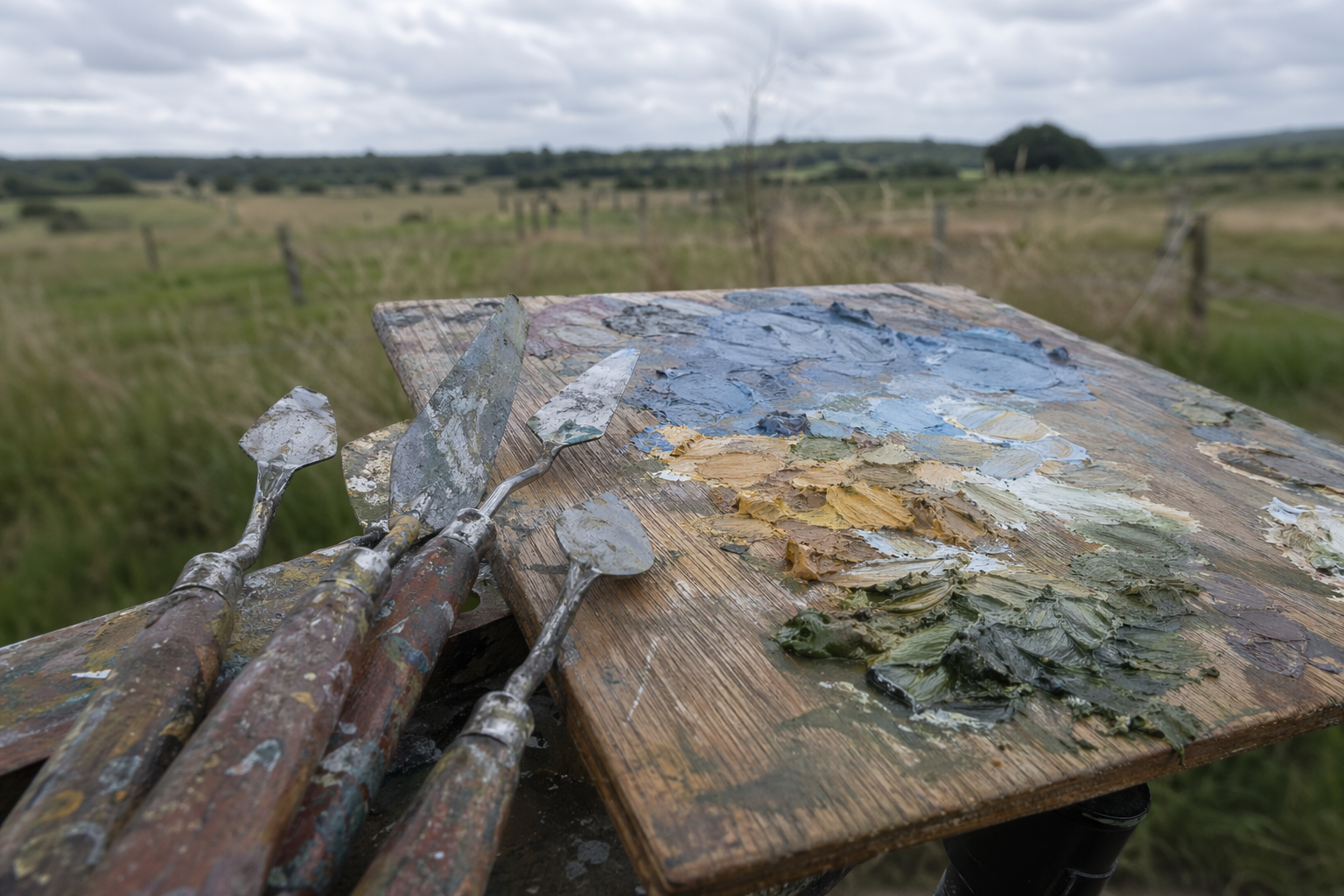 Several palette knives resting beside thick oil paint on a wooden panel