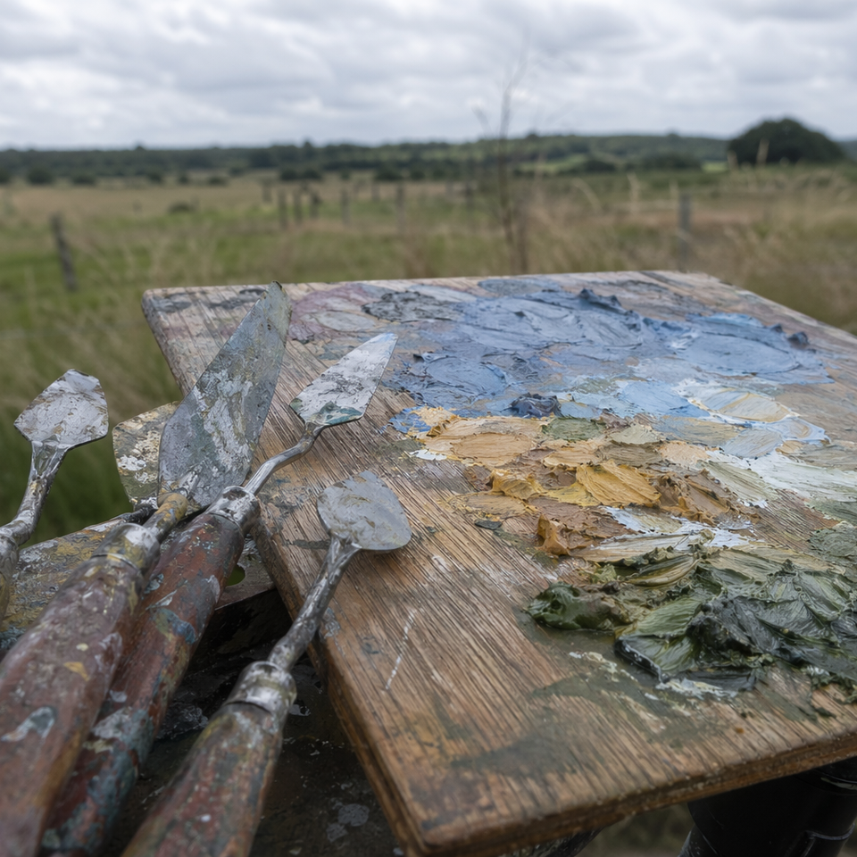 Several palette knives resting beside thick oil paint on a wooden panel