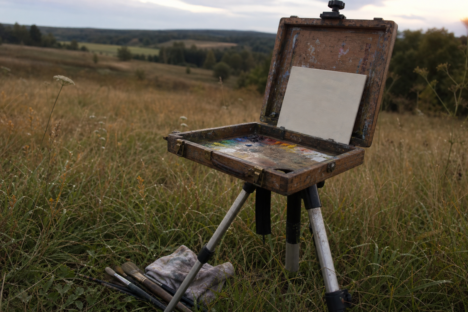 A pochade box mounted on a tripod easel in an open field landscape