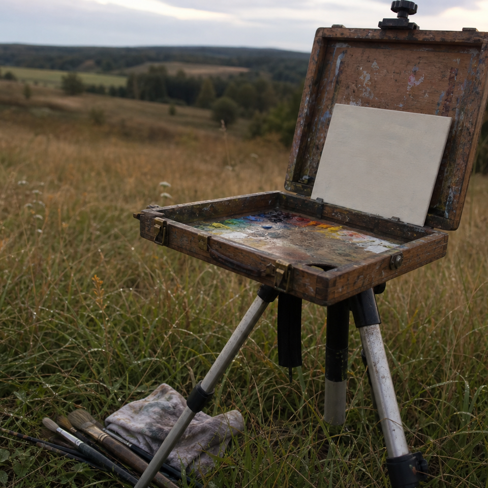 A pochade box mounted on a tripod easel in an open field landscape