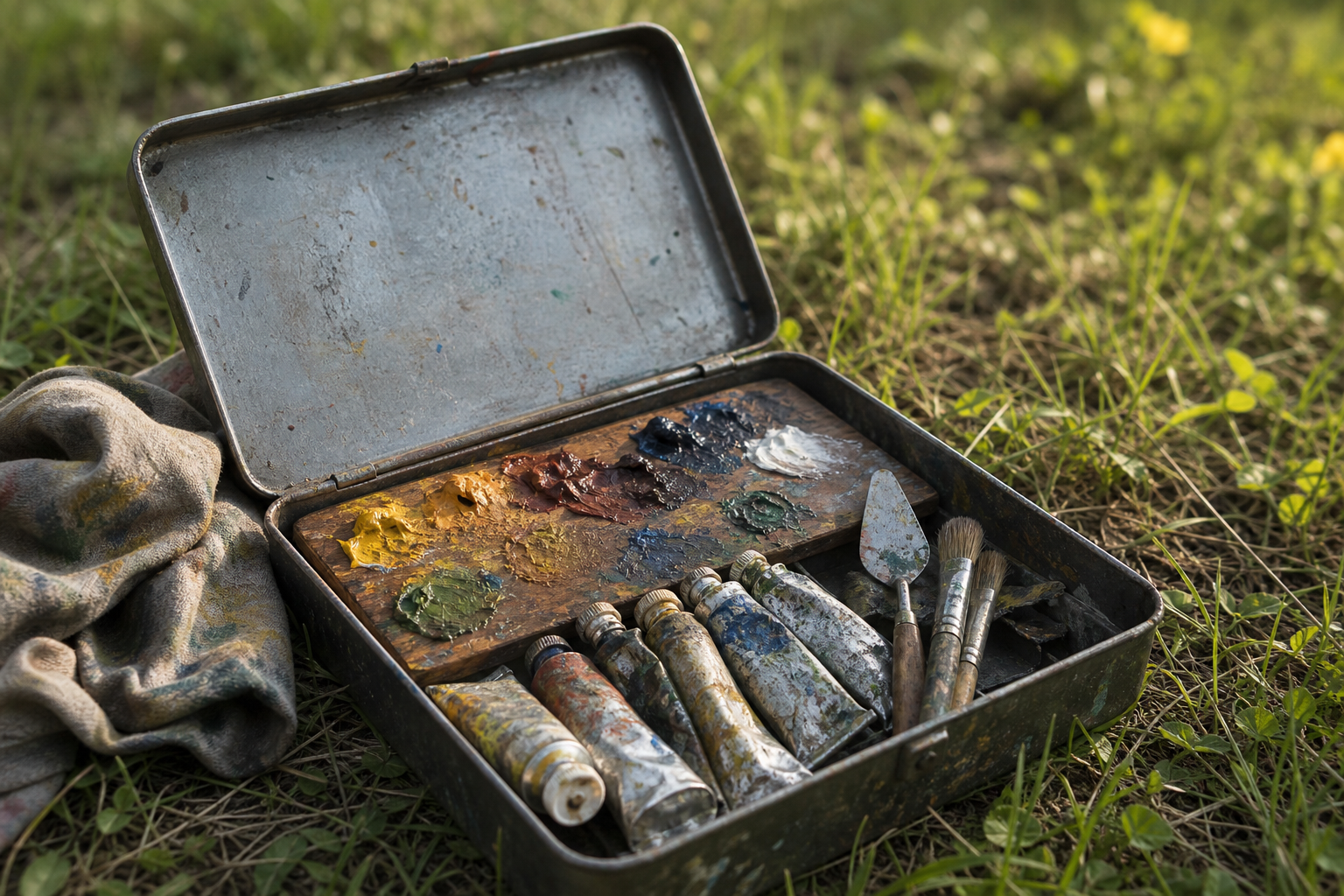 Small tin oil painting kit open on grass with tubes and palette visible