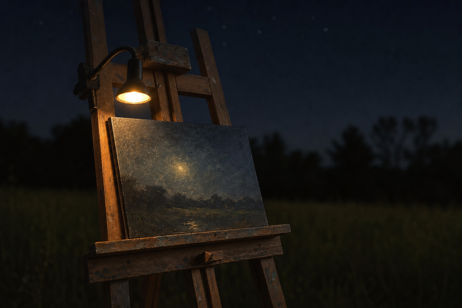 Wooden easel with small canvas lit by a single warm lamp against a dark night sky