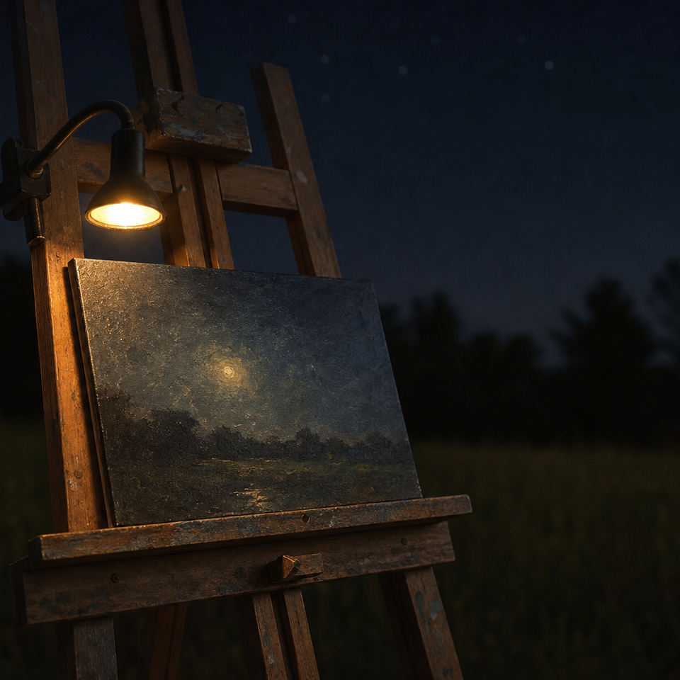 Wooden easel with small canvas lit by a single warm lamp against a dark night sky
