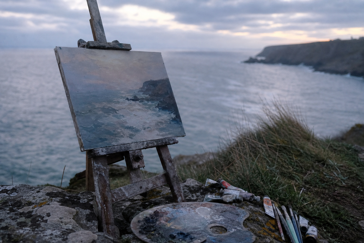 Weathered wooden easel on a rocky cliff edge at dusk, sea below