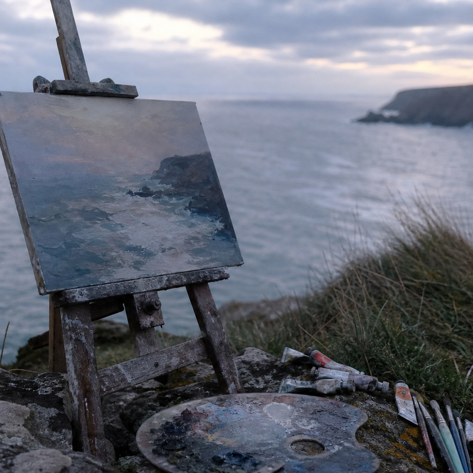 Weathered wooden easel on a rocky cliff edge at dusk, sea below